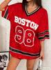 2025 Summer Women BOSTON NO.98 Print Lightweight Breathable V-Neck Short Sleeved Baseball T-Shirt Women Jersey T-Shirt
