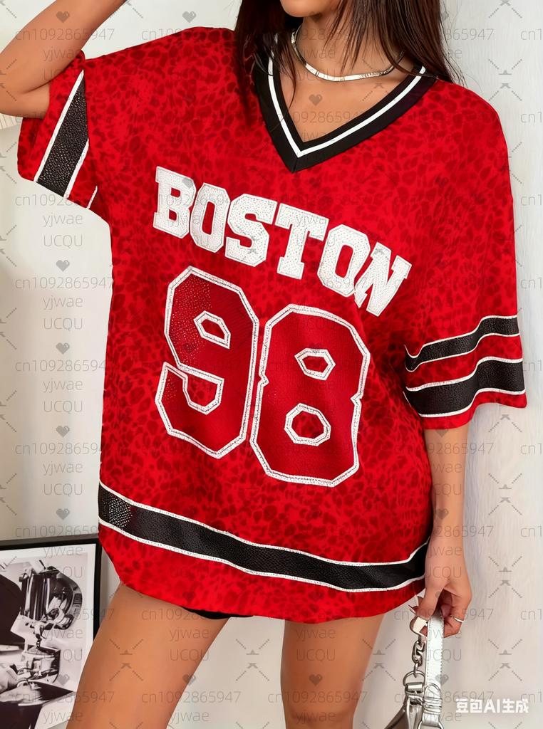 2025 Summer Women BOSTON NO.98 Print Lightweight Breathable V-Neck Short Sleeved Baseball T-Shirt Women Jersey T-Shirt