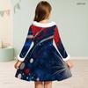 Girls Furry High Neck Long Sleeve Bow Waist Printed Red Blue White Star A Line Flared Dress