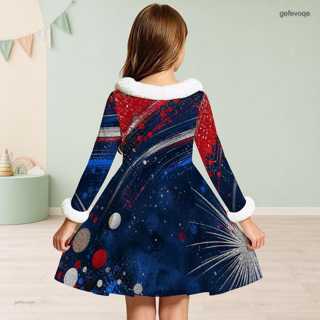 Girls Furry High Neck Long Sleeve Bow Waist Printed Red Blue White Star A Line Flared Dress