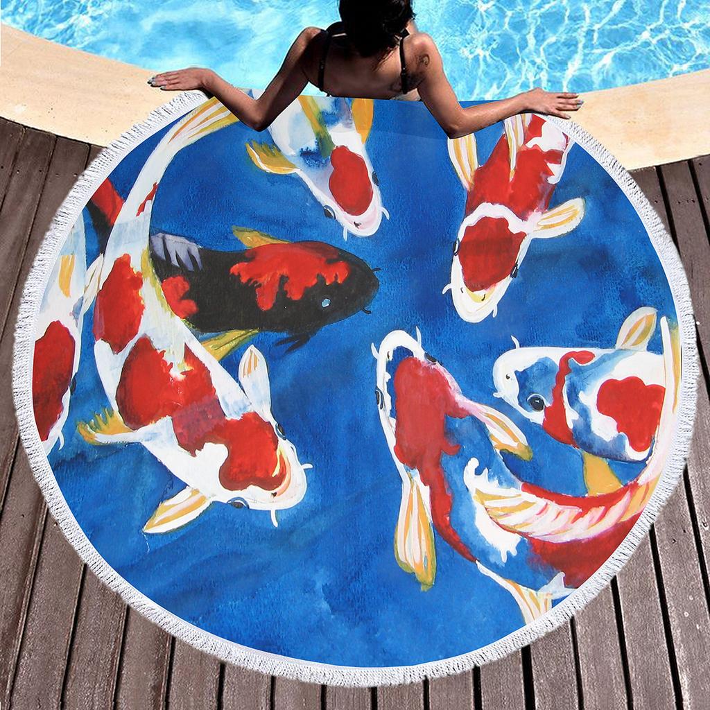 Koi Fish Round Beach Towel Soft Sand Free Quick Dry Circle Bath Towel Absorbent Meditation Rug Yoga Mat Throw Fringe Tapestry