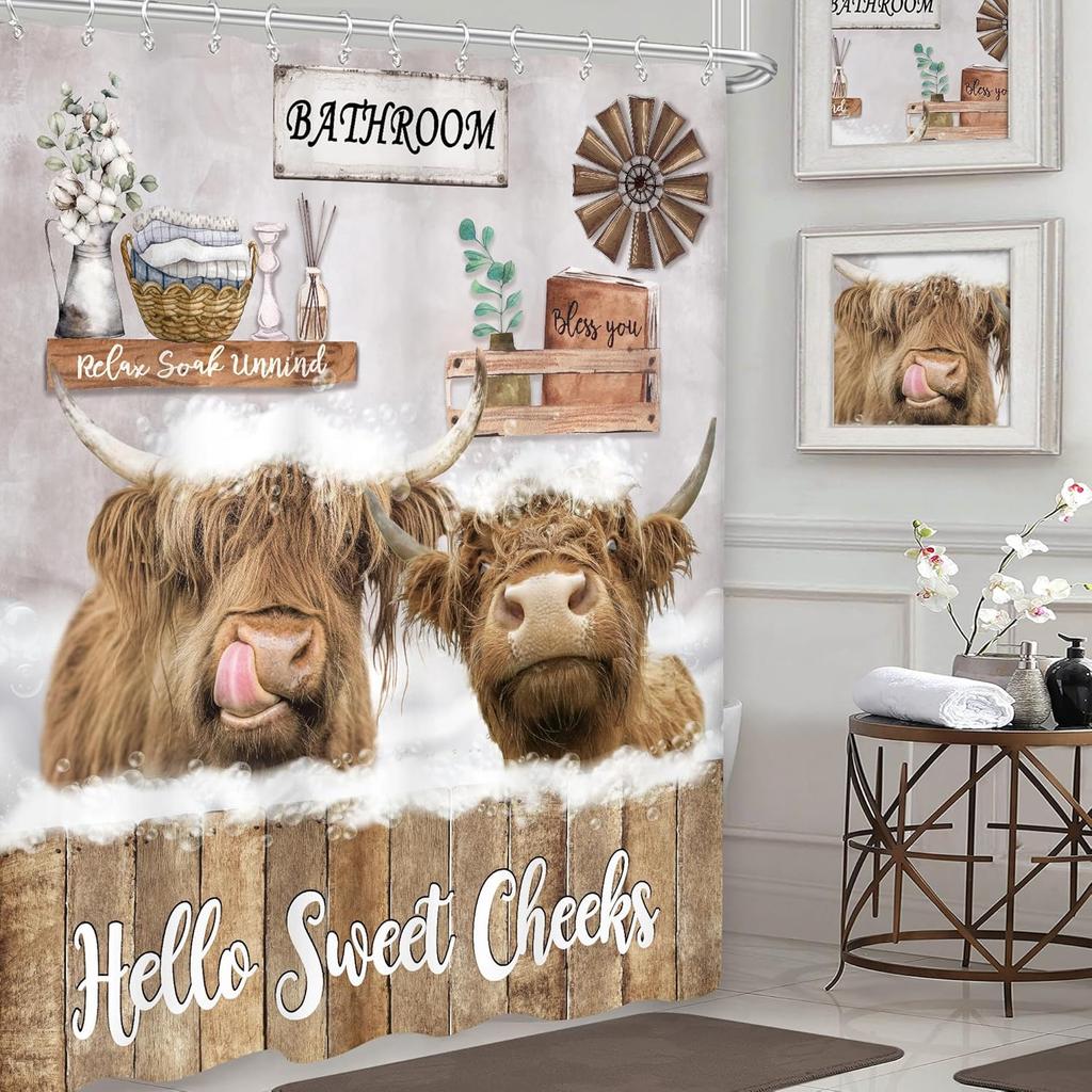 Imirell Funny Highland Cow Shower Curtain 60Wx72H Inches Rustic Farmhouse Bull Animal Wooden Board Country Western Wildlife Plan