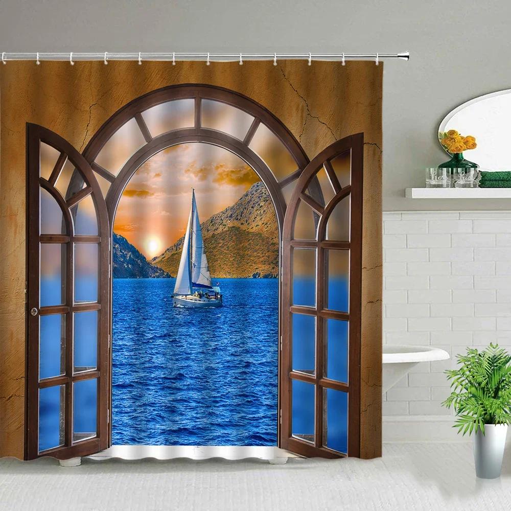Window Outside Forest Bridge Spring Landscape Creativity Shower Curtain Zen Stone Tree Building Scenery Cloth Curtains With Ho