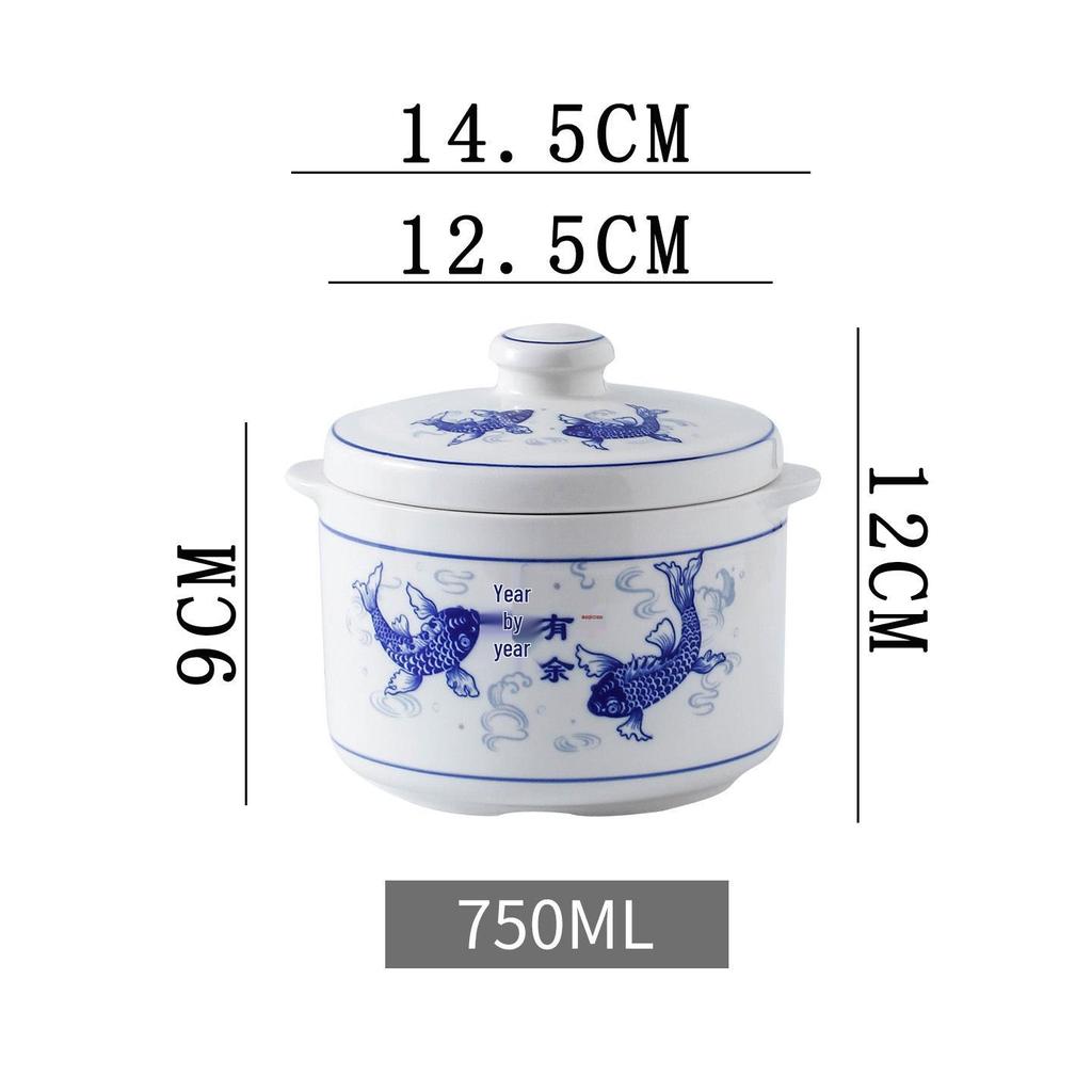 Blue & White Ceramic Double-Boiler Stew Pot with Lid, High Temperature Resistant, Ideal for Bird's Nest Soup and Stews.
