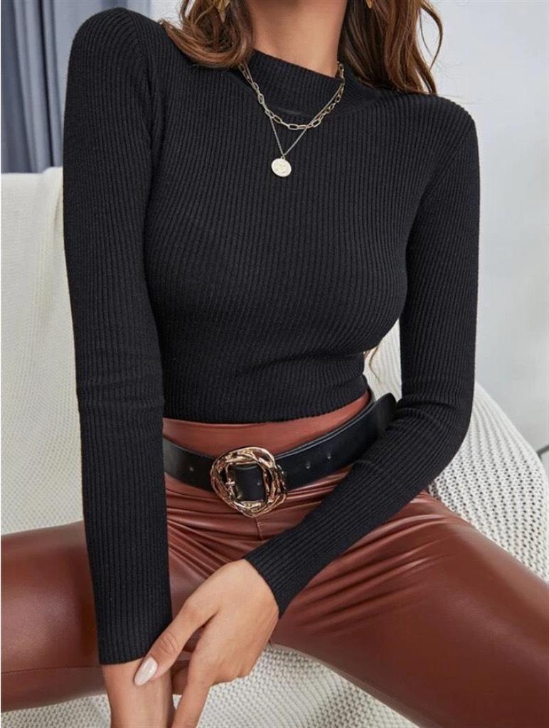 Women's Slim Fit High Neck Knit Sweater - Autumn/Winter Solid Color Base Layer Knitwear
