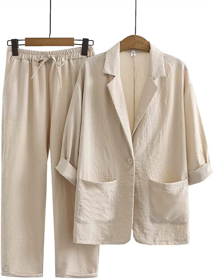 Women's Casual Cotton Linen 2-Piece Autumn Suit: Jacket & Pants Set
