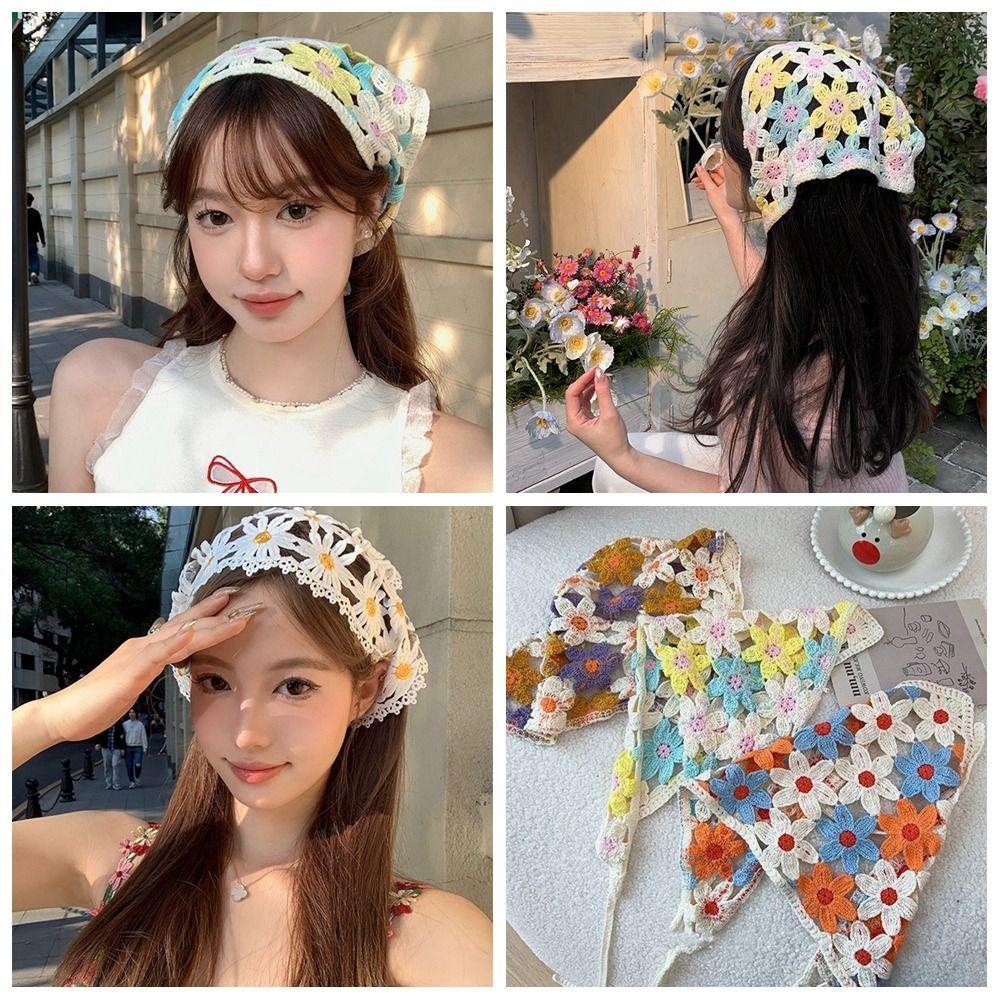 

Floral Knitted Headband Hair Band Women Hair Scarf Elegant Triangle Bandana Girls C