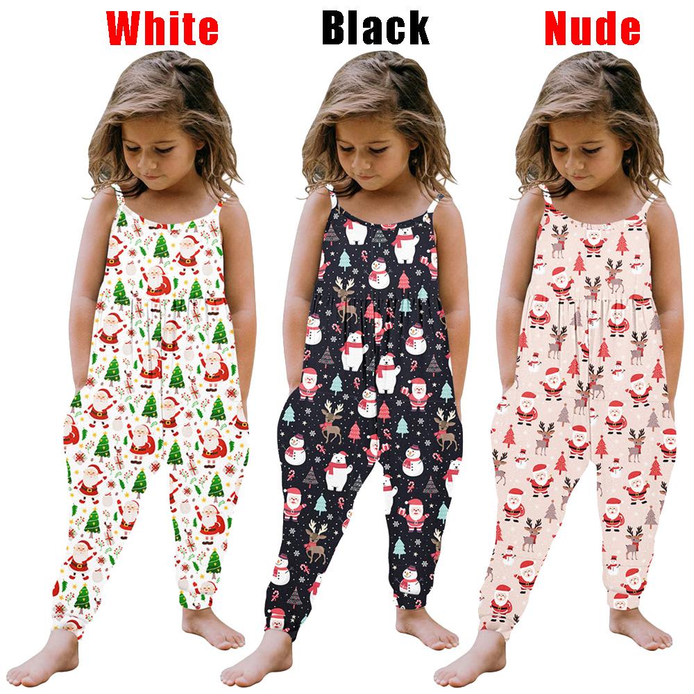 Árvore de Natal Papai Noel Rena Flocos de Neve Padrão Bebê Crianças Alças Espaguete Macacão Macacão Crianças Roupas para 1-5 Anos