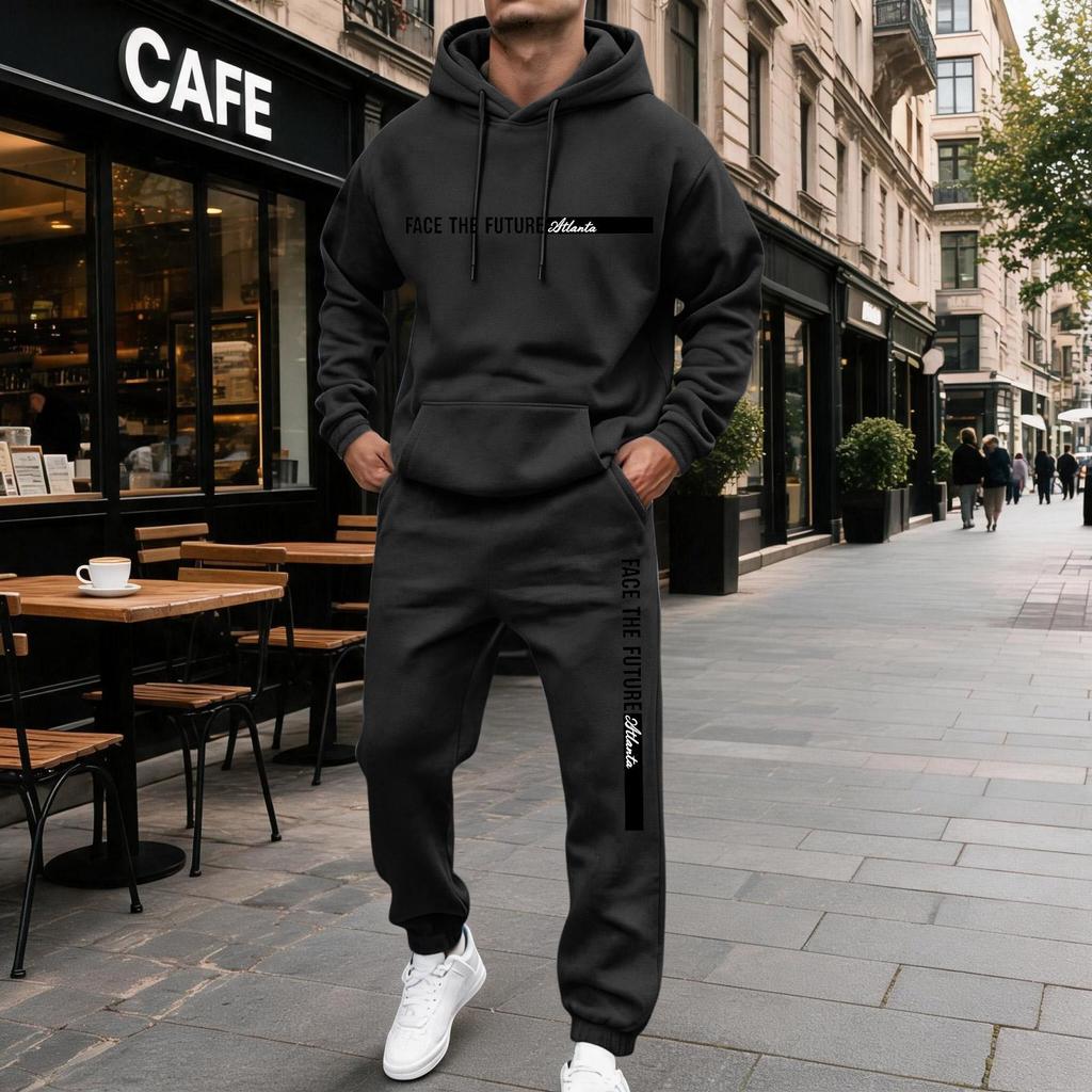 Men's Casual Letter Print Hooded Sweatshirt and Sweatpants Set, Lined 2 Piece Outfit