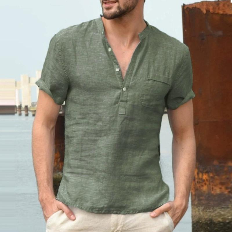 

Summer Men s T-shirt Cotton Linen Henley Neck Casual Breathable Lightweight Solid Color Pocket Button Tops XS зелений