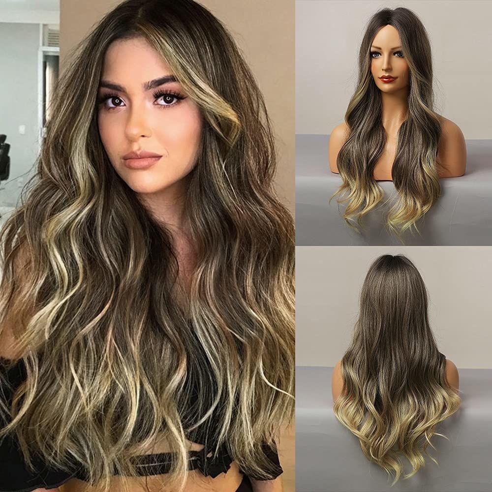 Brown Gold Mixed Color Medium Part Long Hair Curly Fake Head Set Big Wave Gradient Change Wig