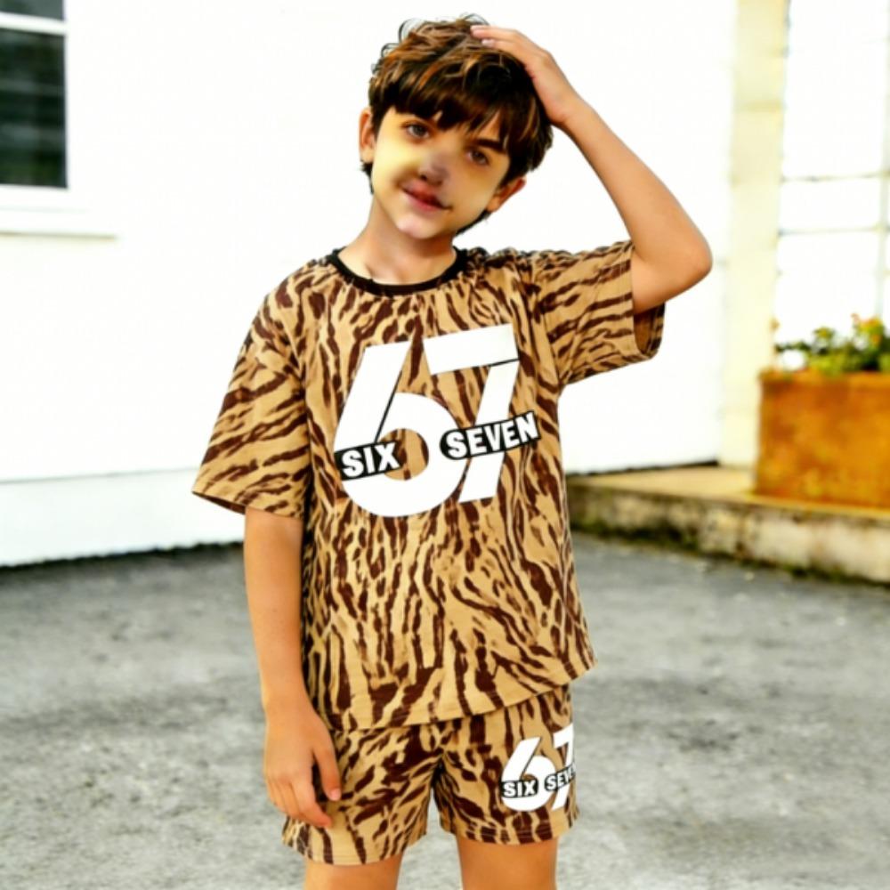 Fashion 67 Zebra Stripes Colored Printed Men's T-shirt and Shorts 2 Piece Set Summer Casual Outfit for Men's and Women's Clothing Top