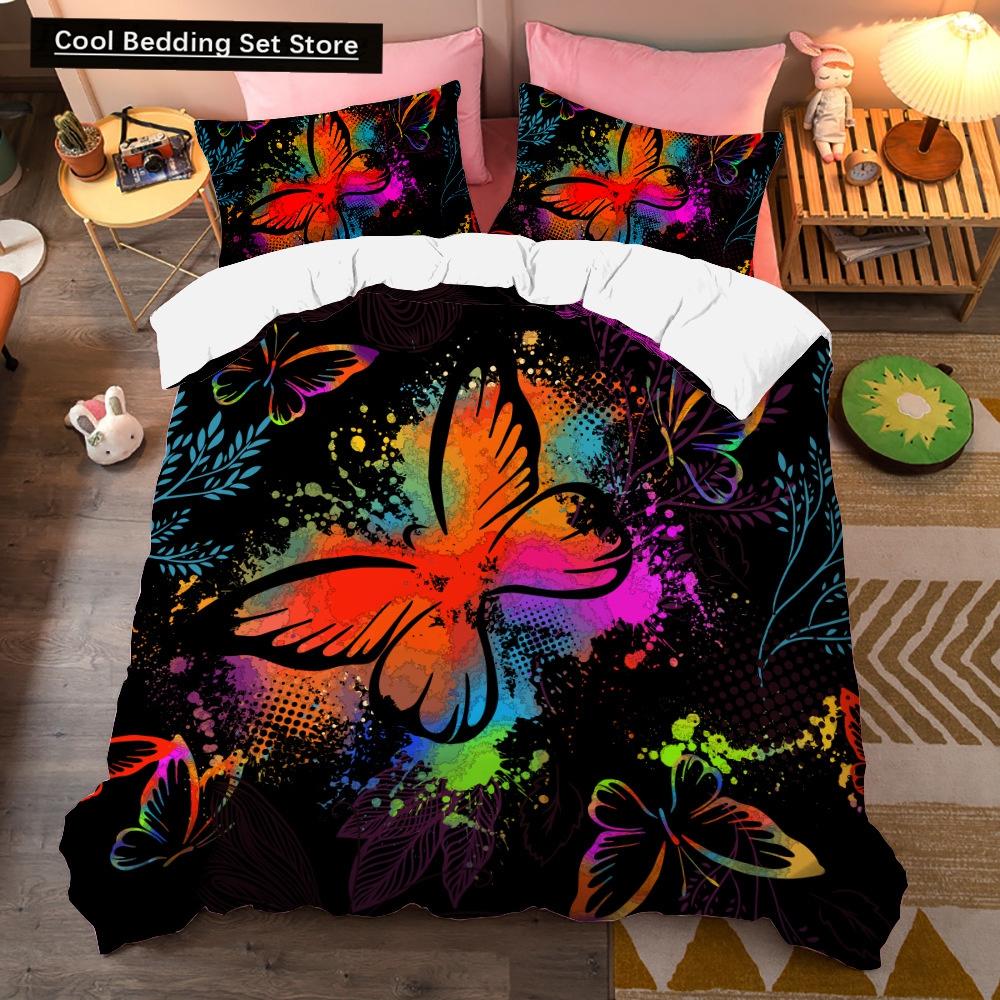 Colorful Beautiful Butterfly Bedding Set Flying Animal Duvet Cover Set Pillowcase Soft Polyester Comforter Set for Women Girls