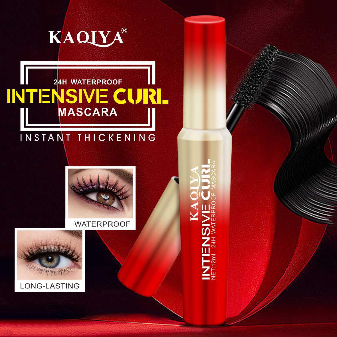 

Тушь для ресниц KAQIYA с красным золотым градиентом: Стойкая, Подкручивающая, Удлиняющая и Придающая объем.