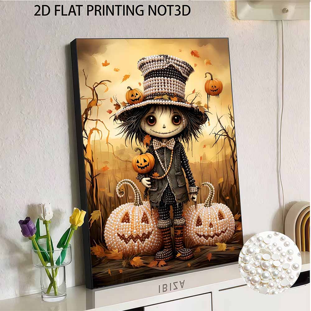 DIY Pearl Bead Art Canvas Halloween Pumpkin Cute Character Frameless 3D Painting Kit for Bedroom Living Room Wall Decor Crafts