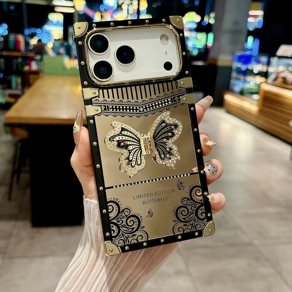 Applicable to Apple 17 electroplated inner diamond mirror mobile phone case iphone12 gilt butterfly bracket protective case square