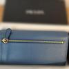 Used PRADA long wallet ribbon Saffiano leather blue with card case