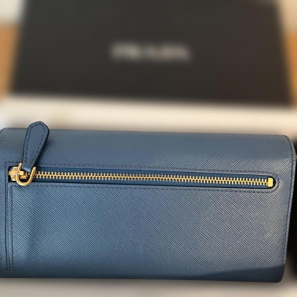Used PRADA long wallet ribbon Saffiano leather blue with card case