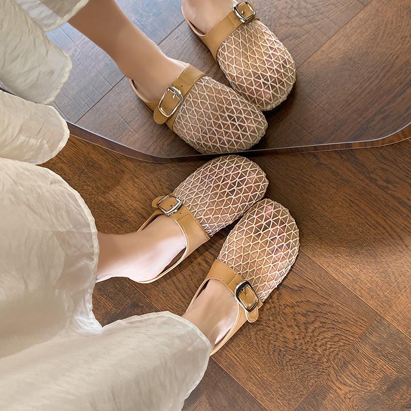 Fashion CRLAYDK Mule for Women Backless Buckle Loafers Slip On Mesh Hollow Out Casual Walking Flat Slides Closed Toe Ladies Slippers