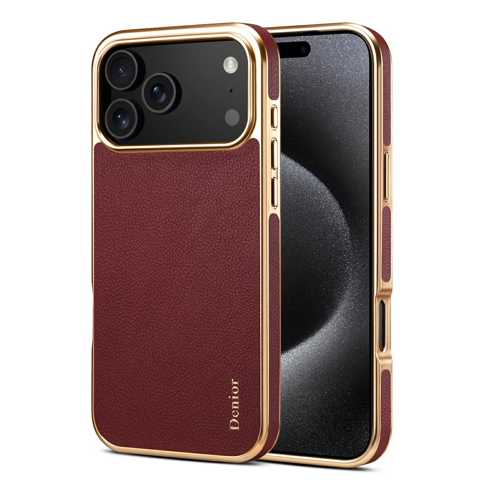 

DENIOR For iPhone 17 Pro Case Genuine Cow Leather Coated PC+TPU Electroplating Phone Cover Red