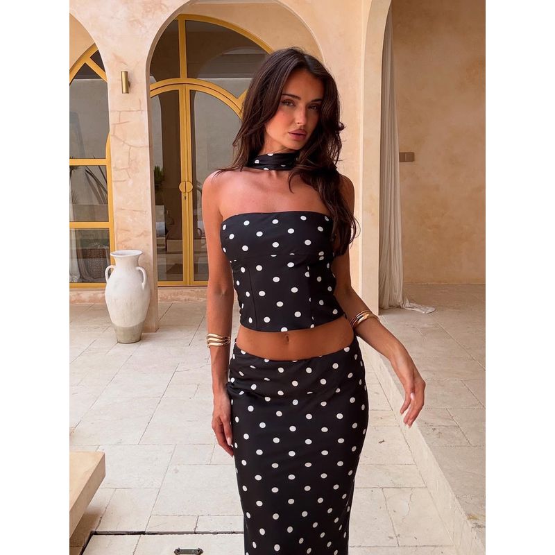 Outfitgirl Elegant Polka Dot Halter Tube Top Tops Female Summer Vacation Backless Slim Fit Sheath Skirt Suit