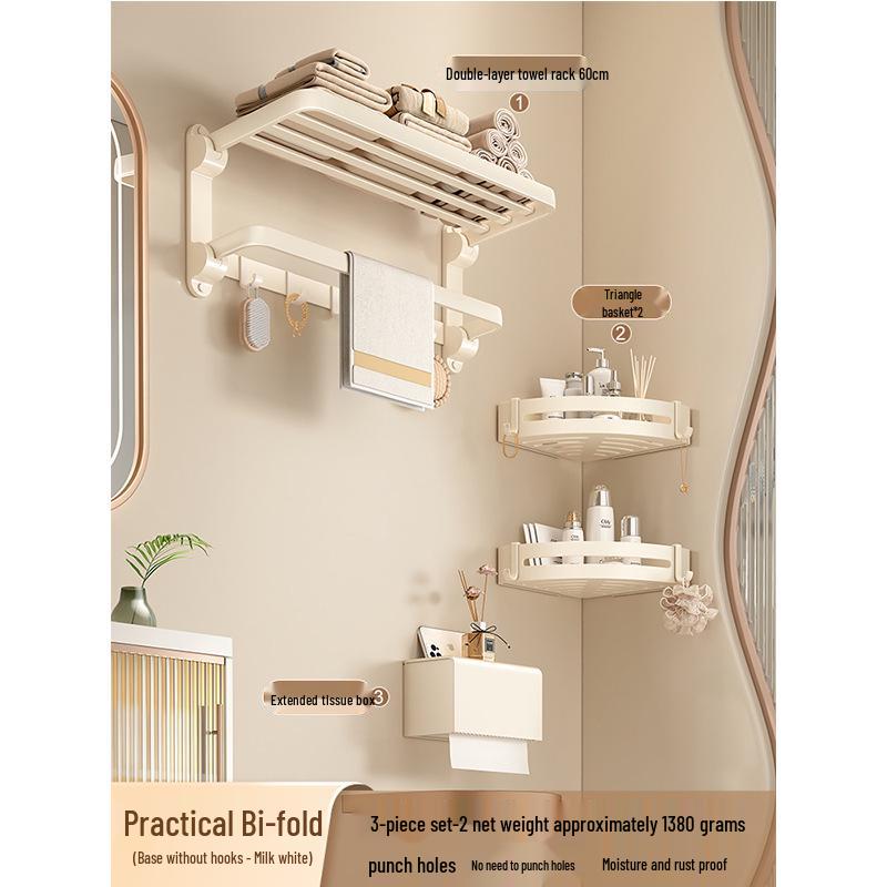Milk White Punch-Free Wall-Mounted Aluminum Towel Rack Set for Bathrooms