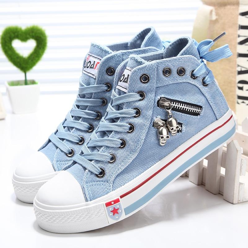 Women Fashion Sneakers Denim Canvas Casual Shoes Trainers Walking Skateboard Lace-up Shoes Femmes