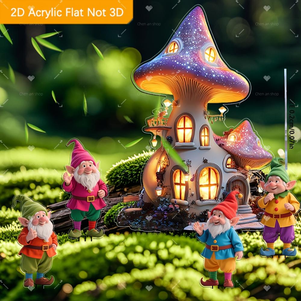 2D Flat 5-piece Fairy Gnome and Dream Mushroom House Acrylic Garden Decoration, Suitable for Gardens, Lawns, Potted Gardens, Perfect Holiday Gifts