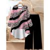 Geometric Pattern Print Two Piece Outfit Women Long Sleeve Irregular Hem Tunic Top Wide Leg Pants Casual Matching Set