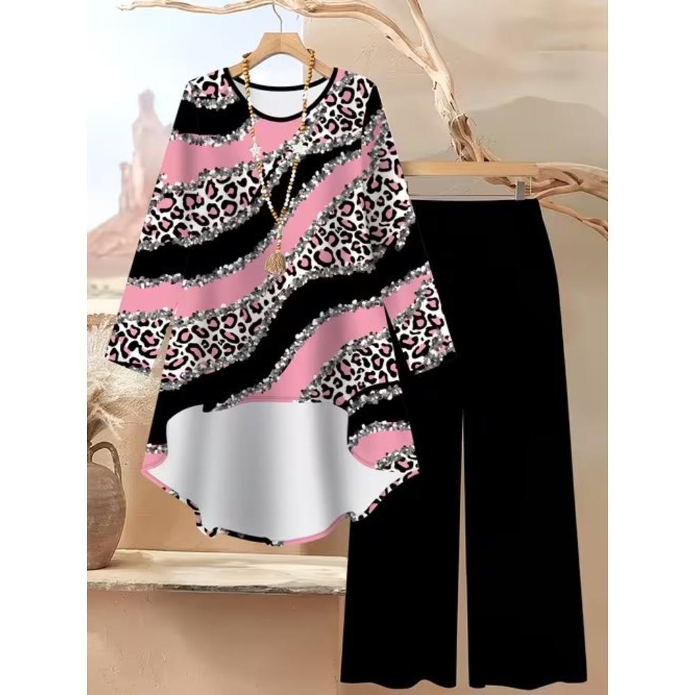 Geometric Pattern Print Two Piece Outfit Women Long Sleeve Irregular Hem Tunic Top Wide Leg Pants Casual Matching Set