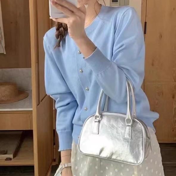 

Autumn new round neck long-sleeved knitted cardigan women s niche design slim-fitting and versatile sweater jacket women One Size синий