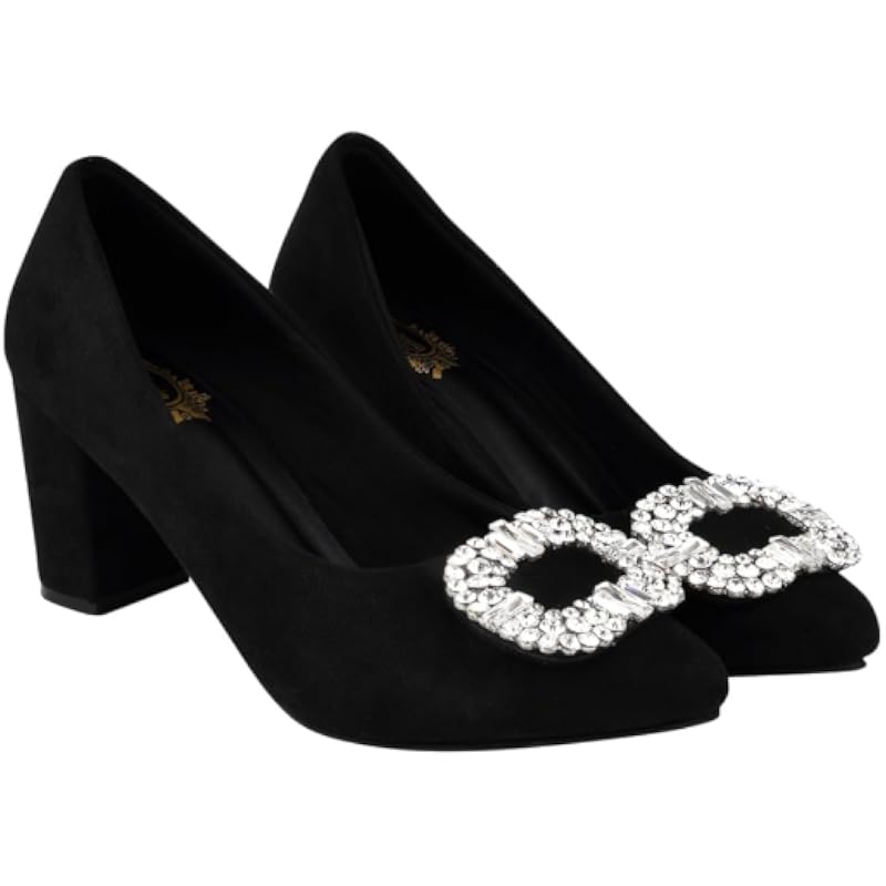 Shoetopia Rhinestone Buckle Detailed Black Pumps For Women & Girls-Eu40