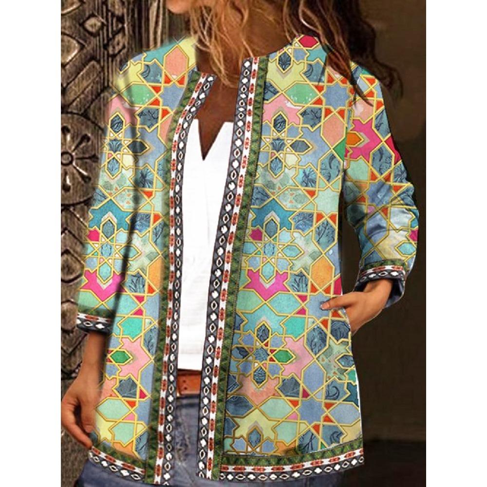 GMXIA Herbst Winter Vintage Ethnischer Stil Druck Übergröße Jacke Strickjacke Damenbekleidung