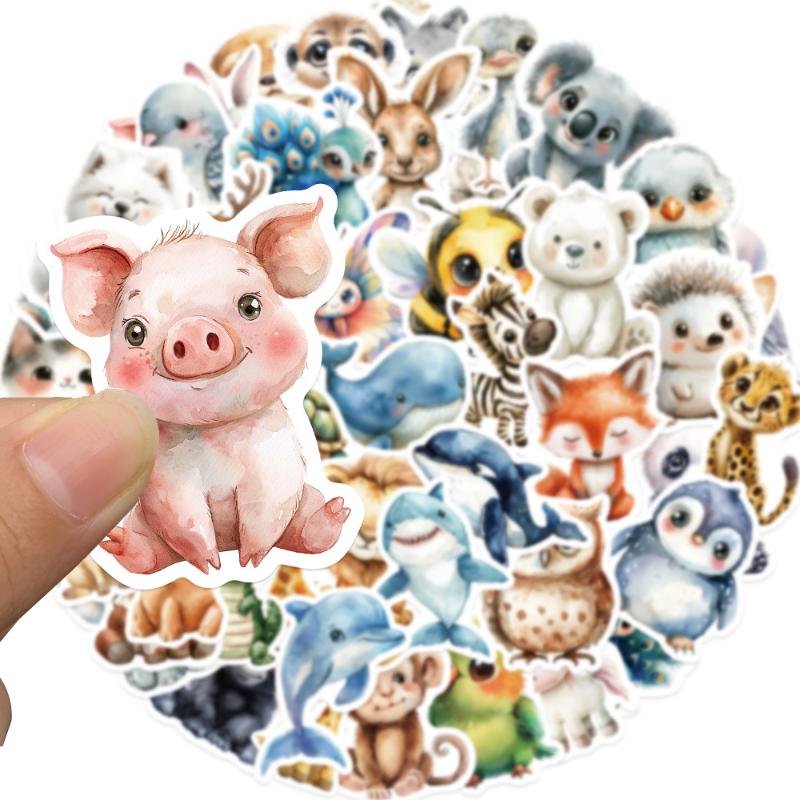50Pcs/Set Watercolor Animal Doodle Stickers Diy Decor For Guitar/Tablet/Journal Waterproof