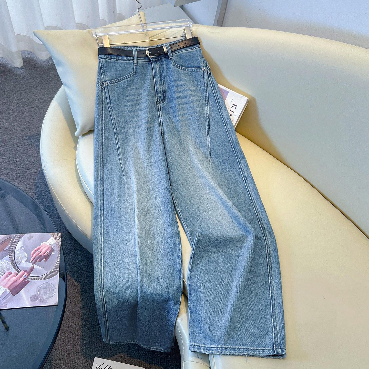 European High-Waisted Grey Banana Leg Jeans for Women - 2026 Spring/Autumn Wide-Leg Style XL