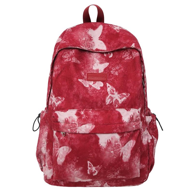 Women's Butterfly Printed Backpack Corduroy Student School Bag Large Capacity Class Backpack