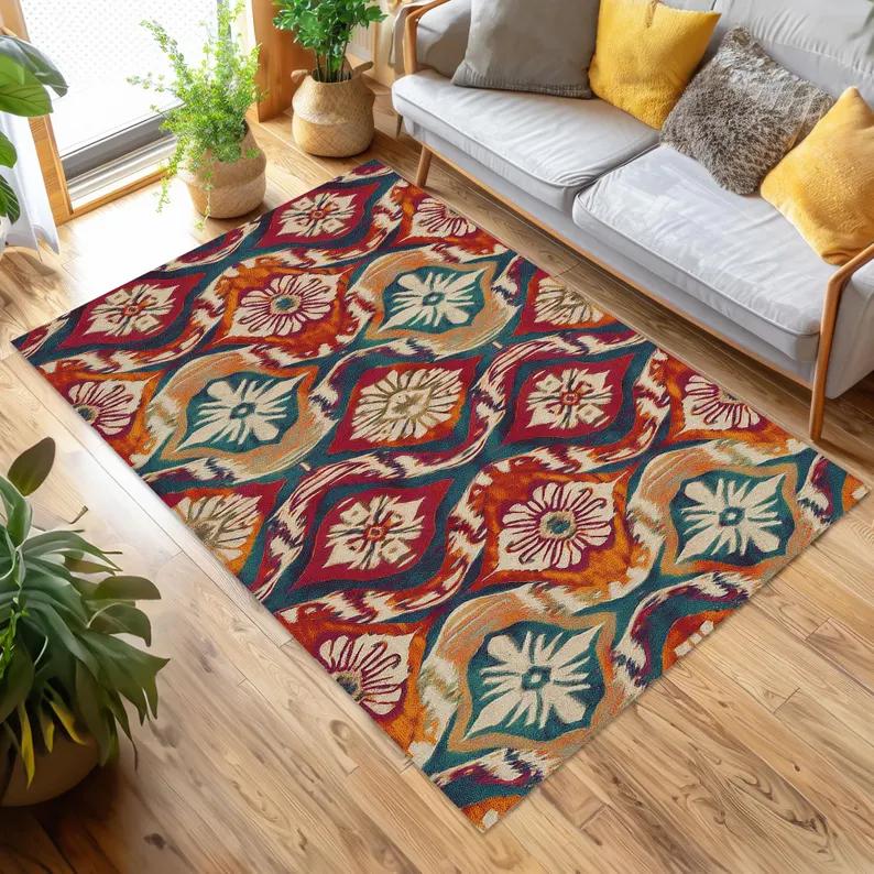 Vibrant Ikat Rug Living Room Rug Bohemian Carpet Colorful Carpet Rectangle Rug,Ethnic Area Rug Geometric Bold Rug Design Carpets