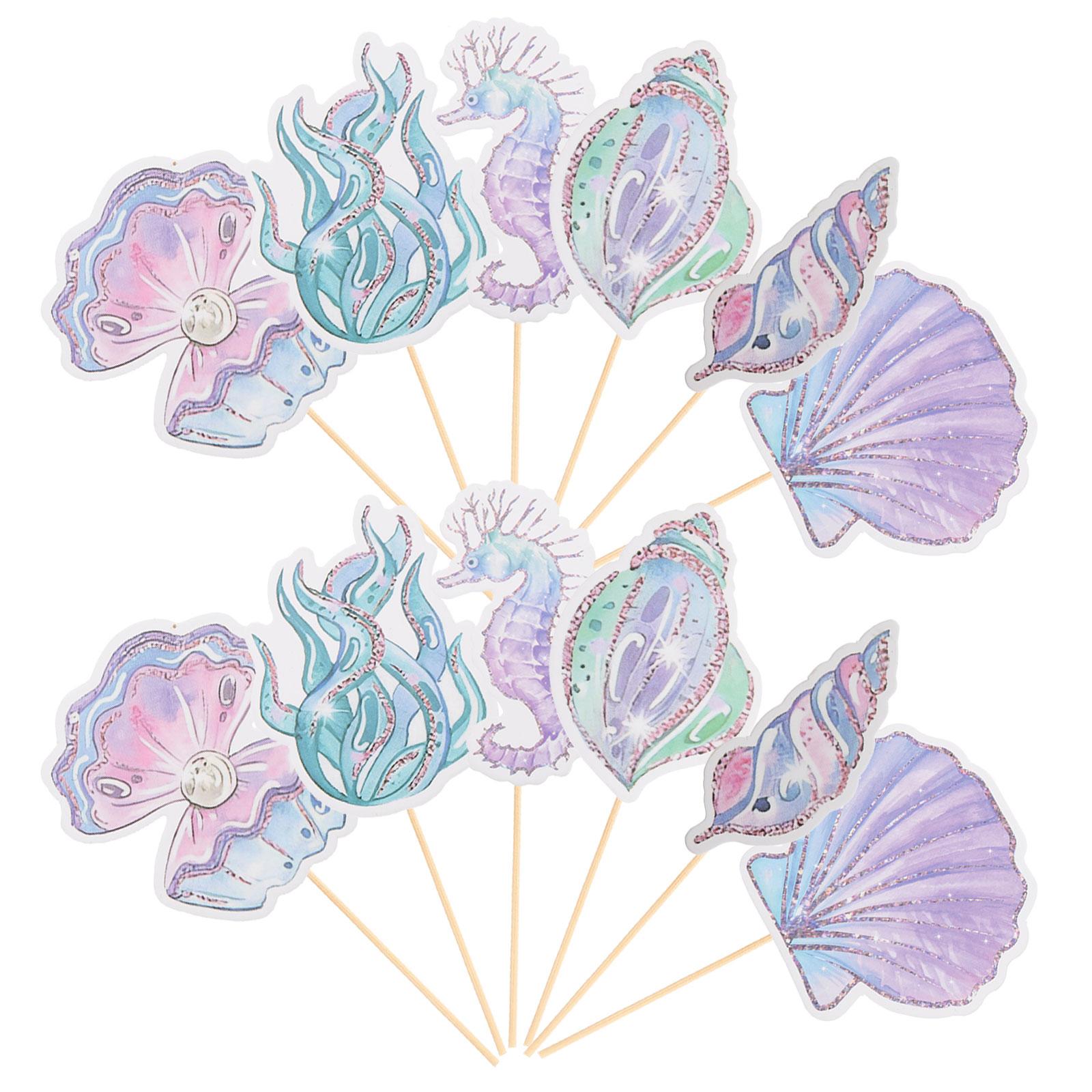 

12Pcs Glitter Mermaid Cake Insert ornament Seahorse Star fish Cake Topper Cupcake Dessert Topper Baby Shower Birthday 7.5X6.8CM