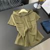 Hooded Shoulder Short Sleeve T-Shirt Women's Summer Large Size Slim Skinny Chic Belly Cover Zipper Sweater Jacket Trendy Fitted Hooded Zip-up Top