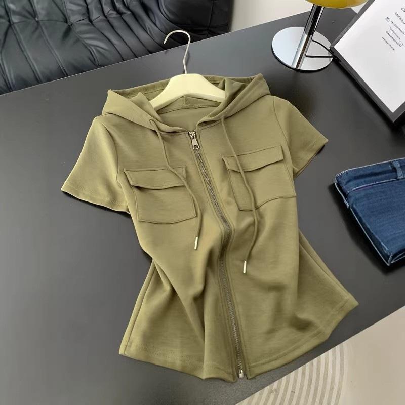 Hooded Shoulder Short Sleeve T-Shirt Women's Summer Large Size Slim Skinny Chic Belly Cover Zipper Sweater Jacket Trendy Fitted Hooded Zip-up Top