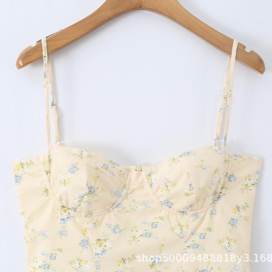 House French sweet romantic yellow floral waist skirt women's holiday fluffy suspender dress