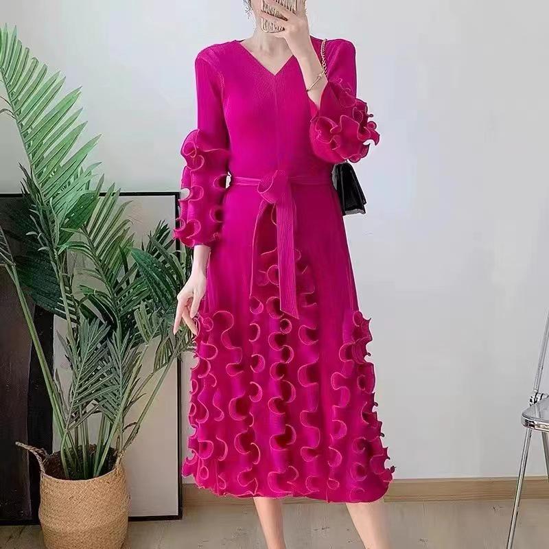 Pleated Ruffle Long Dress - 2025 Women's Spring/Autumn Slimming Loose Fit