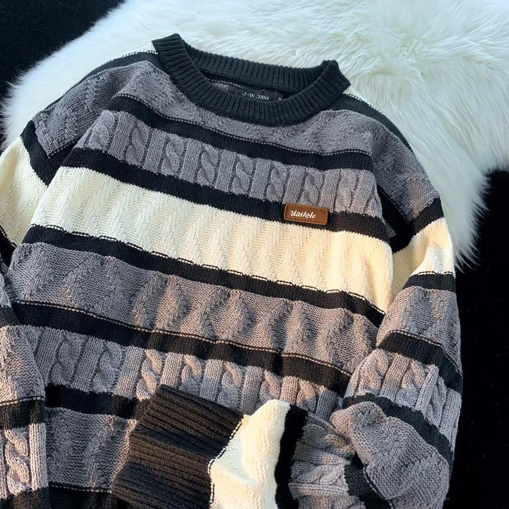Retro Gestreifter Fauler Stil Rundhals Farbkontrast Verdrehter Strickpullover Herren Trendig Locker Paare Vielseitig Freizeit Strickpullover