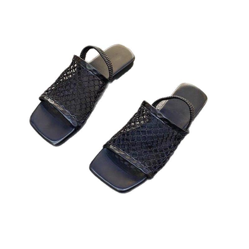 Sheepskin Version~ Korean Fishing Net Surface Square Head Open-toed Sandals Women's Summer 2025 New One-word Flat-bottomed Cool Slippers Outer Wear