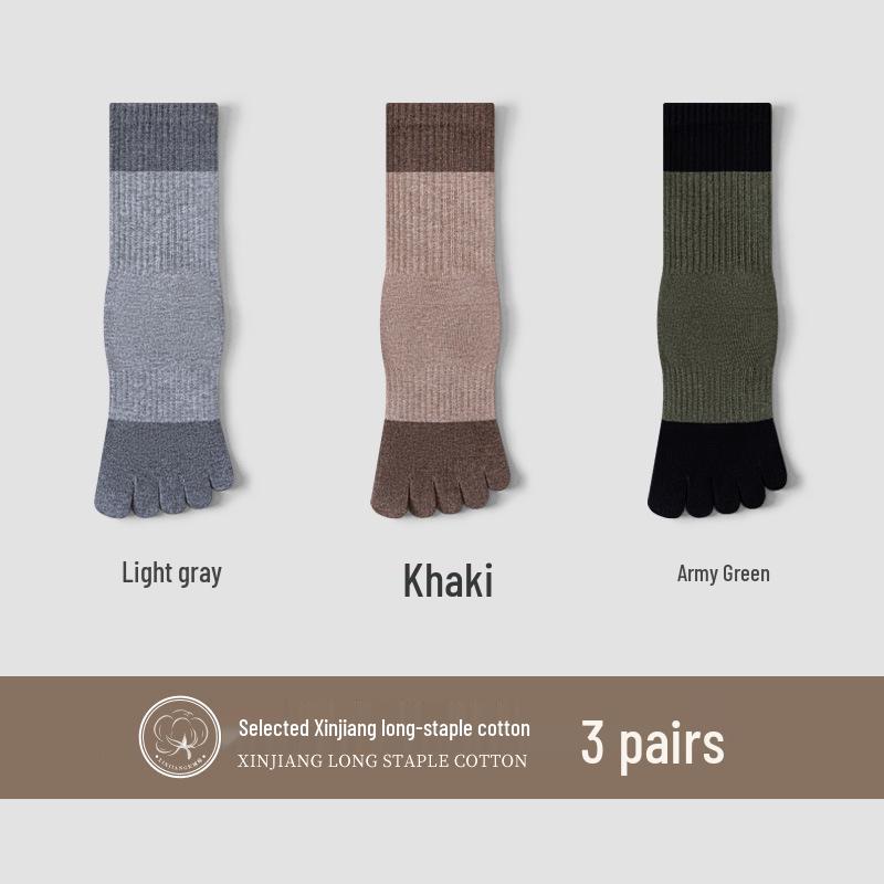 Men's Sports Cotton Five-Toe Socks: Sweat-Absorbent, Anti-Odor, Mid-Calf, Solid Colors, Autumn Collection.