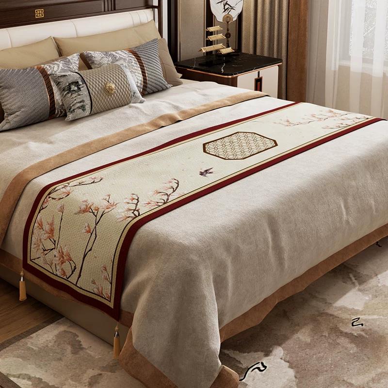 

1pcs Chinese Style Tassel Bed Flags Ink Landscape Painting Printing and Dyeing Bed End Towels Long Strip Blanket for Bedroom Single Layer Edging 50x180cm 1pcs