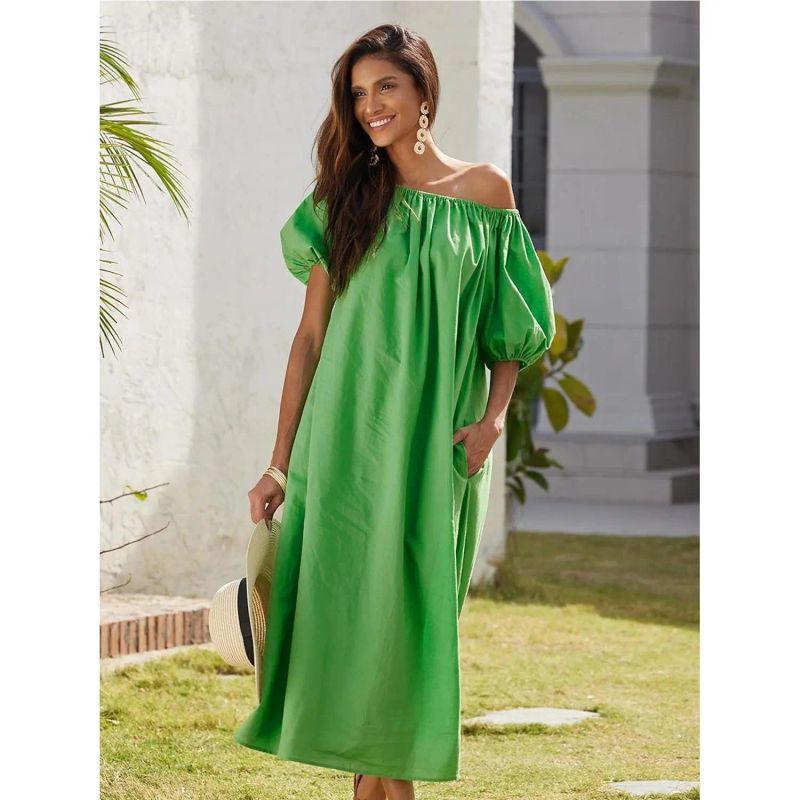 2025 European and American New Dress French Style Leisure Idle Style Puff Sleeve Sloping Shoulder Short Sleeve Dress