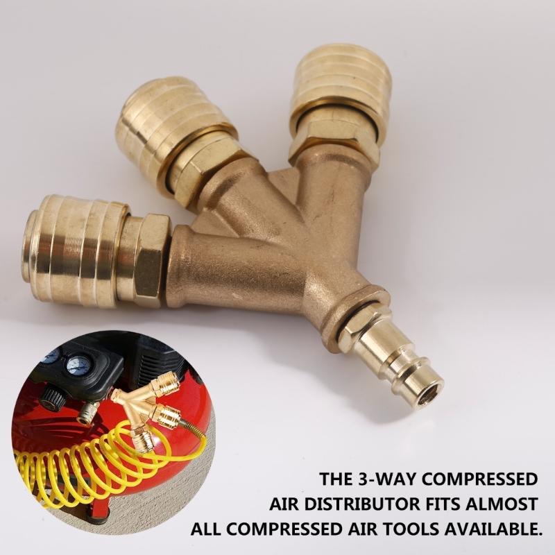 Upgraded Compressed Air Distributor 3-Way with Couplings 1/4Inch Air Hose Quick Coupling Distributor Brass Compresser