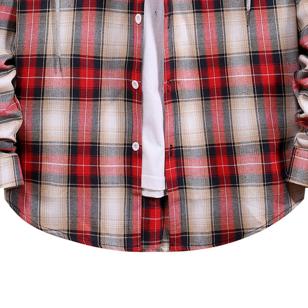 Men Casual Plaid Shirt Hooded Shirts Oversized Casual Shirt Men's Clothes European American Style Handsome Holiday Checked Shirt