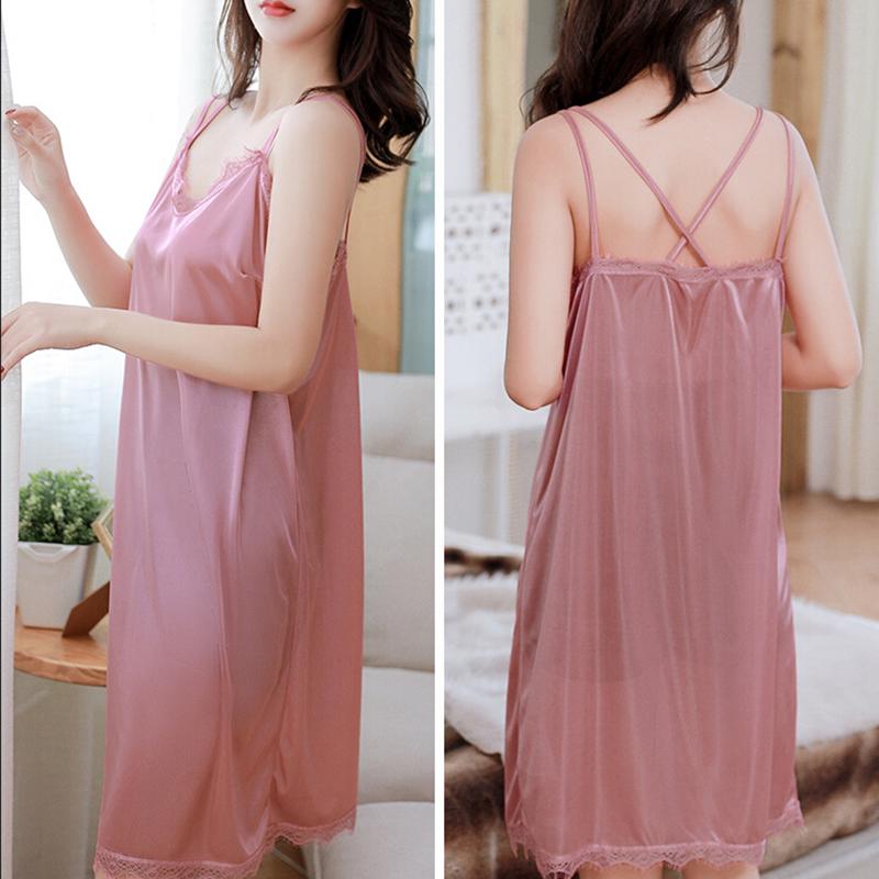 Simulated Silk Nightdress Sexy Fun Pajamas Lace Slim Skirt Solid Color Home Wear
